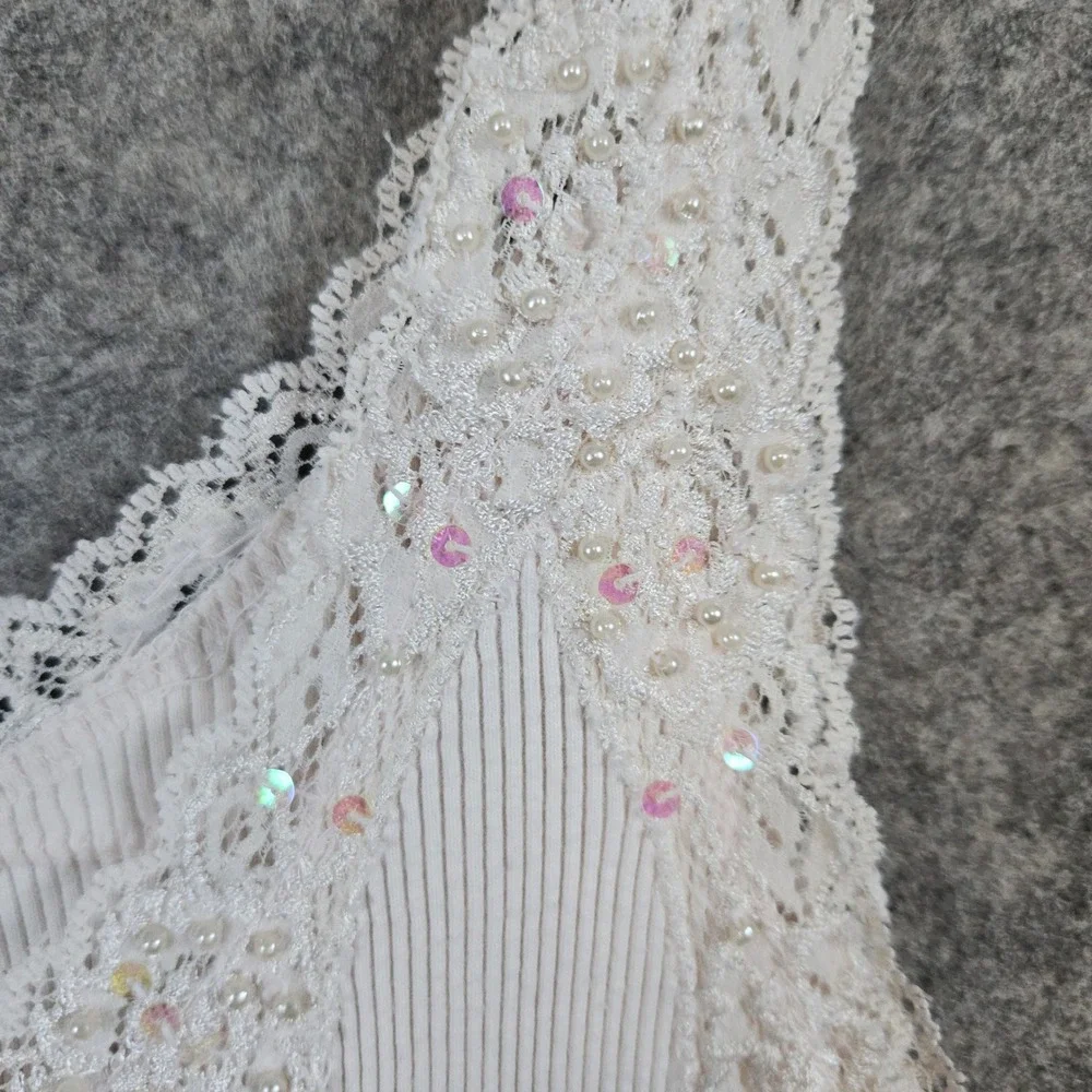 Chico's Women's Pale Pink Tank Top‎ Size 3 (XL) Lace Trim Beaded Sequined Ribbed